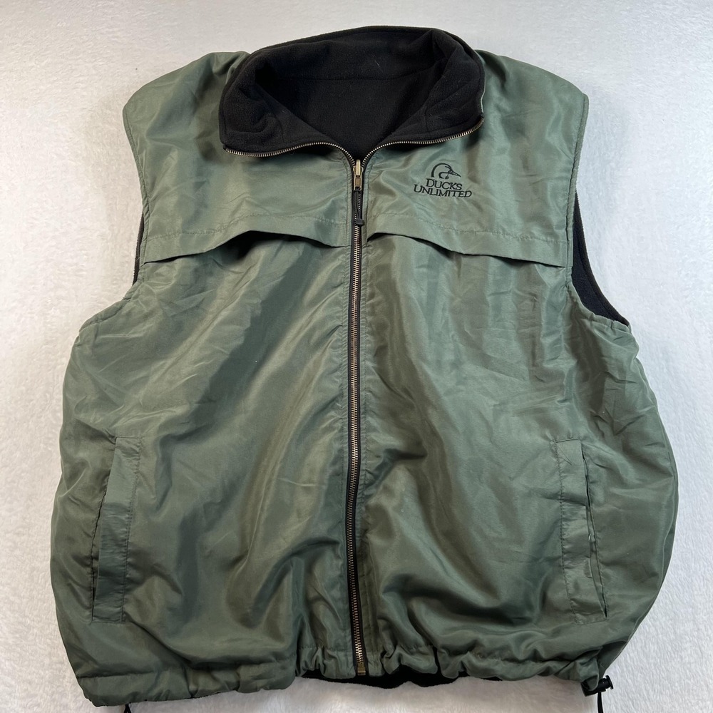 Ducks Unlimited‎ Vest Mens Large Green Black Reversible Fleece Outdoor Hunting